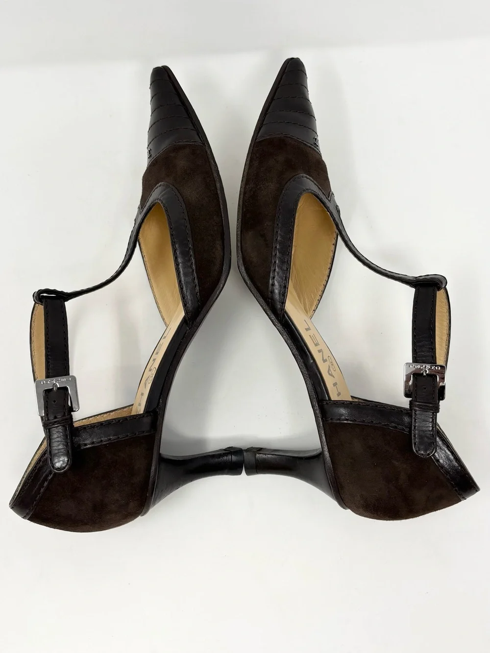 Chanel Vintage 2003 T-Strap Pumps Brown Suede Leather Pointed Toe 38